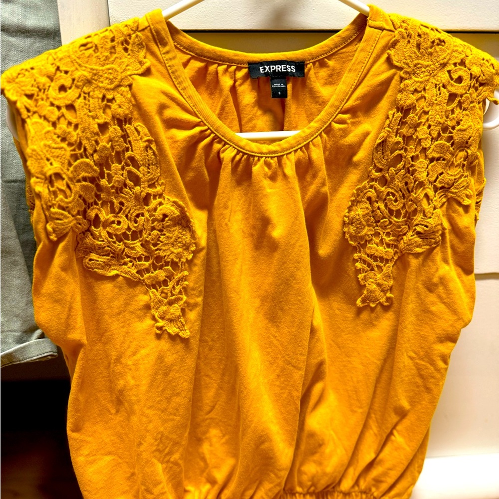 **Mustard Yellow Lace-Detail Blouse by Express**
